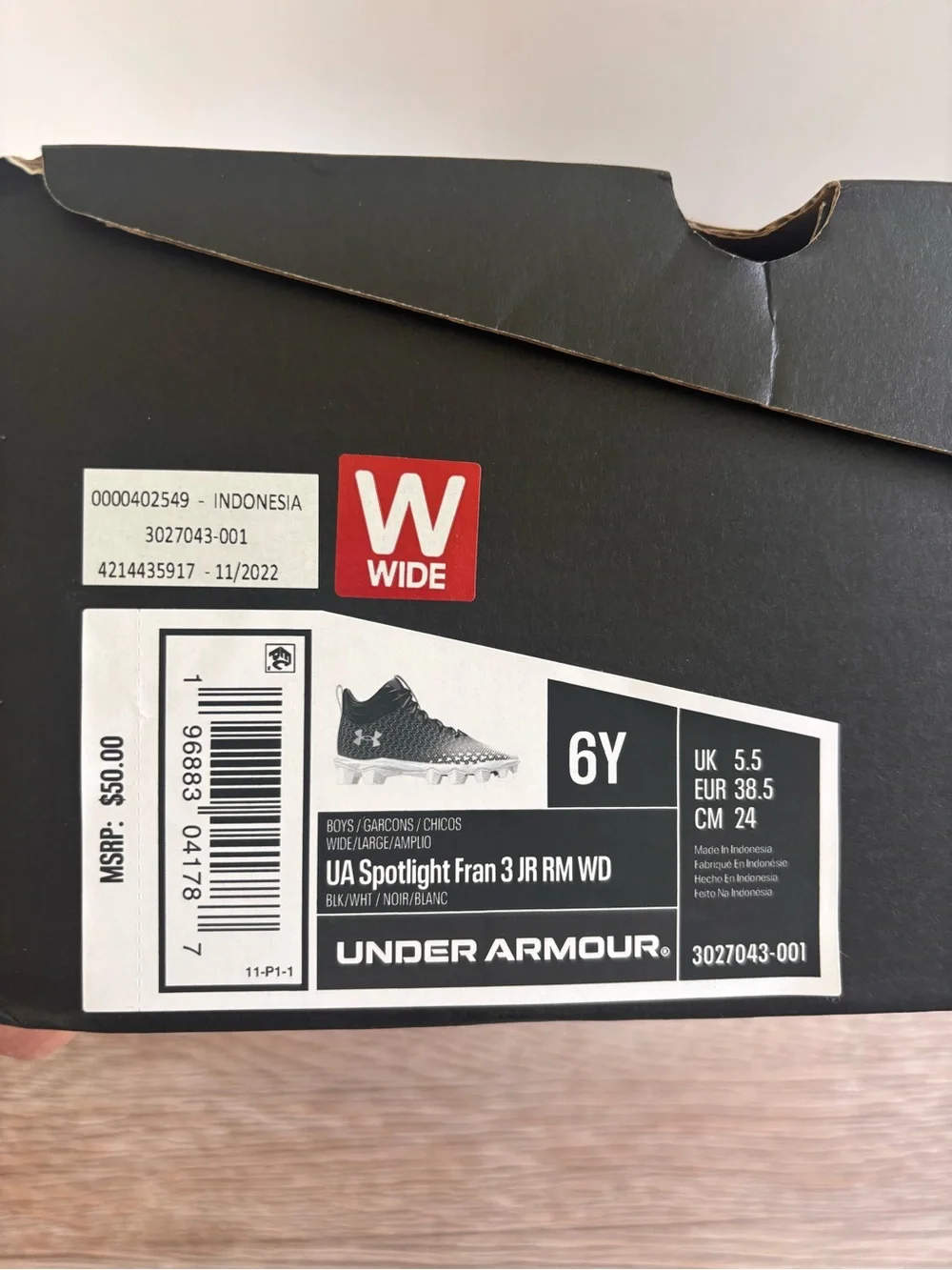 Under Armour Black & White Kids Football Cleats - Lightweight Grip